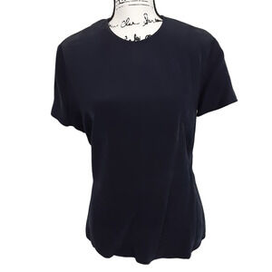 Vintage 80s 100% Silk Black Blouse Short Sleeve Womens 14 Quiet Luxury Minimal